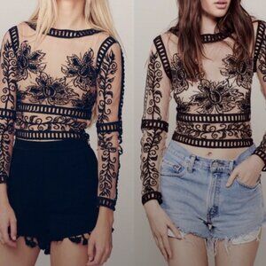 NWOT For Love & Lemons Dark Nights Black/Nude Embroidered Sheer Crop Top S $180